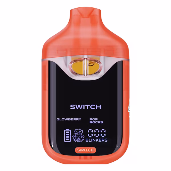 Boutiq Switch V4 2G dual-chamber vape pen displaying Glowberry and Pop Rocks cannabis oil, with digital screen and 'SWITCH' button, on a clean white background.