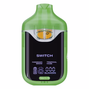 Boutiq Switch V4 2G dual-chamber vape pen displaying Hawaiian Snow and Tropical Haze cannabis oil, with digital screen and 'SWITCH' button, on a clean white background.
