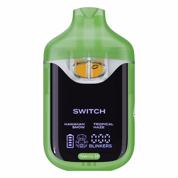 Boutiq Switch V4 2G dual-chamber vape pen displaying Hawaiian Snow and Tropical Haze cannabis oil, with digital screen and 'SWITCH' button, on a clean white background.