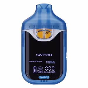 Boutiq Switch V4 2G dual-chamber vape pen displaying Honeycomb and French Cookies cannabis oil, with digital screen and 'SWITCH' button, on a clean white background.