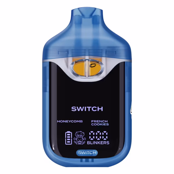 Boutiq Switch V4 2G dual-chamber vape pen displaying Honeycomb and French Cookies cannabis oil, with digital screen and 'SWITCH' button, on a clean white background.