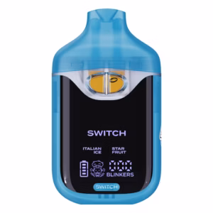 Boutiq Switch V4 2G dual-chamber vape pen displaying Italian Ice and Star Fruit cannabis oil, with digital screen and 'SWITCH' button, on a clean white background.