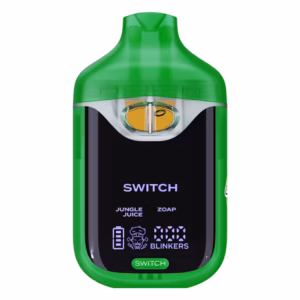 Boutiq Switch V4 2G dual-chamber vape pen displaying Jungle Juice and Zoap cannabis oil, with digital screen and 'SWITCH' button, on a clean white background.
