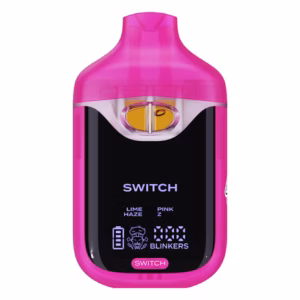 Boutiq Switch V4 2G dual-chamber vape pen displaying Lime Haze and Pink Z cannabis oil, with digital screen and 'SWITCH' button, on a clean white background.