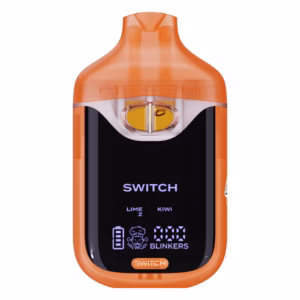 Boutiq Switch V4 2G dual-chamber vape pen displaying Lime-Z and Kiwi cannabis oil, with digital screen and 'SWITCH' button, on a clean white background.