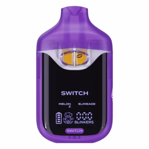 Boutiq Switch V4 2G dual-chamber vape pen displaying Melon-Z and Slimeade cannabis oil, with digital screen and 'SWITCH' button, on a clean white background.