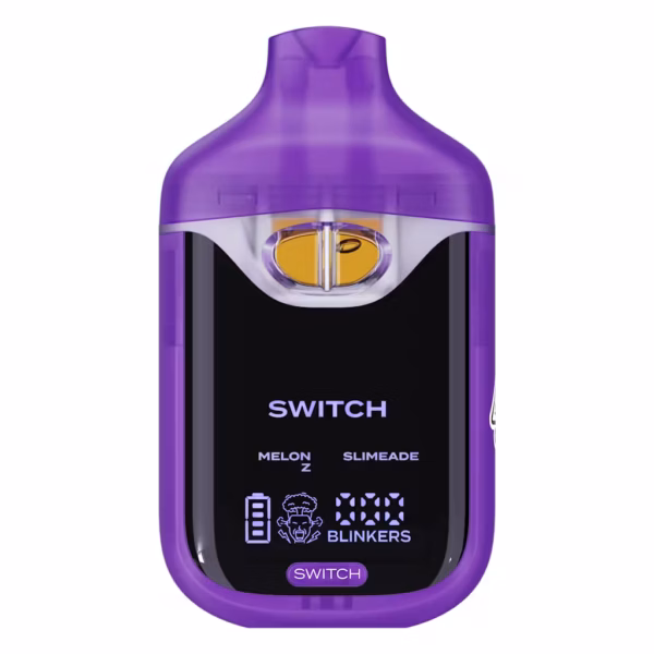 Boutiq Switch V4 2G dual-chamber vape pen displaying Melon-Z and Slimeade cannabis oil, with digital screen and 'SWITCH' button, on a clean white background.