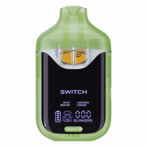 Boutiq Switch V4 2G dual-chamber vape pen displaying NYC Sour and Lemon Head cannabis oil, with digital screen and 'SWITCH' button, on a clean white background.