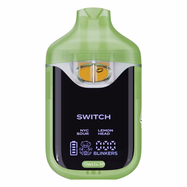 Boutiq Switch V4 2G dual-chamber vape pen displaying NYC Sour and Lemon Head cannabis oil, with digital screen and 'SWITCH' button, on a clean white background.