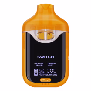 Boutiq Switch V4 2G dual-chamber vape pen displaying Orange Slush and Cherry Lime cannabis oil, with digital screen and 'SWITCH' button, on a clean white background.
