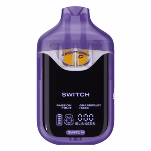 Boutiq Switch V4 2G dual-chamber vape pen displaying Passion Fruit and Grapefruit Haze cannabis oil, with digital screen and 'SWITCH' button, on a clean white background.