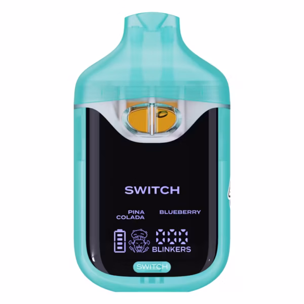 Boutiq Switch V4 2G dual-chamber vape pen displaying Pina Colada and Blueberry cannabis oil, with digital screen and 'SWITCH' button, on a clean white background.