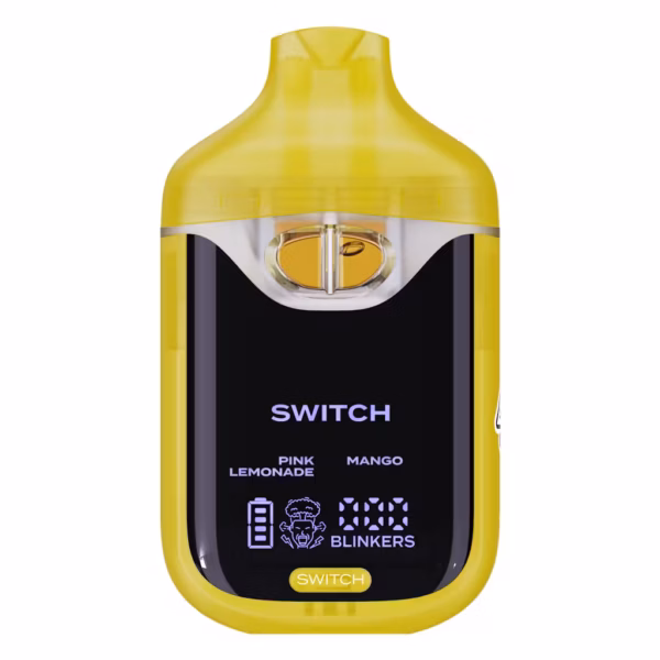 Boutiq Switch V4 2G dual-chamber vape pen displaying Pink Lemonade and Mango cannabis oil, with digital screen and 'SWITCH' button, on a clean white background.