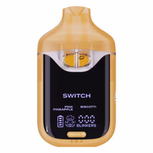 Boutiq Switch V4 2G dual-chamber vape pen displaying Pink Pineapple and Biscotti cannabis oil, with digital screen and 'SWITCH' button, on a clean white background.