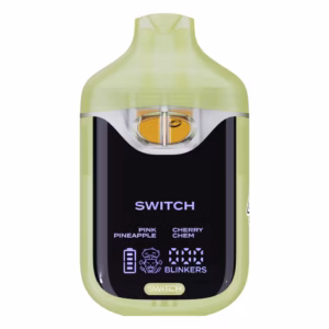 Boutiq Switch V4 2G dual-chamber vape pen displaying Pink Pineapple and Cherry Chem cannabis oil, with digital screen and 'SWITCH' button, on a clean white background.