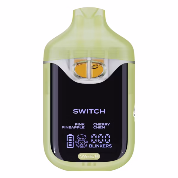 Boutiq Switch V4 2G dual-chamber vape pen displaying Pink Pineapple and Cherry Chem cannabis oil, with digital screen and 'SWITCH' button, on a clean white background.