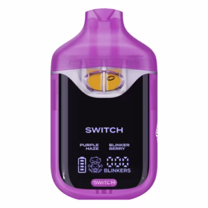 Boutiq Switch V4 2G dual-chamber vape pen displaying Purple Haze and Blinker Berry cannabis oil, with digital screen and 'SWITCH' button, on a clean white background.