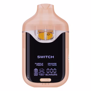 Boutiq Switch V4 2G dual-chamber vape pen displaying Purple Peeps and Orange Tic Tacs cannabis oil, with digital screen and 'SWITCH' button, on a clean white background.