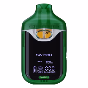 Boutiq Switch V4 2G dual-chamber vape pen displaying RS11 and Pink Guava cannabis oil, with digital screen and 'SWITCH' button, on a clean white background.
