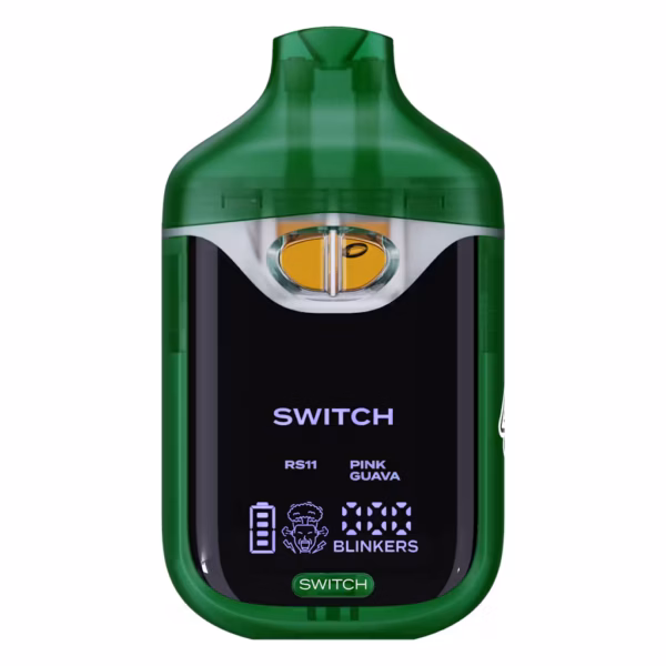 Boutiq Switch V4 2G dual-chamber vape pen displaying RS11 and Pink Guava cannabis oil, with digital screen and 'SWITCH' button, on a clean white background.