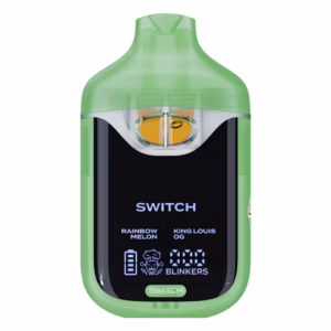 Boutiq Switch V4 2G dual-chamber vape pen displaying Rainbow Melon and King Louis OG cannabis oil, with digital screen and 'SWITCH' button, on a clean white background.