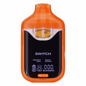 Boutiq Switch V4 2G dual-chamber vape pen displaying Rocket Pop and Sour Apple cannabis oil, with digital screen and 'SWITCH' button, on a clean white background.