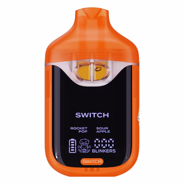 Boutiq Switch V4 2G dual-chamber vape pen displaying Rocket Pop and Sour Apple cannabis oil, with digital screen and 'SWITCH' button, on a clean white background.