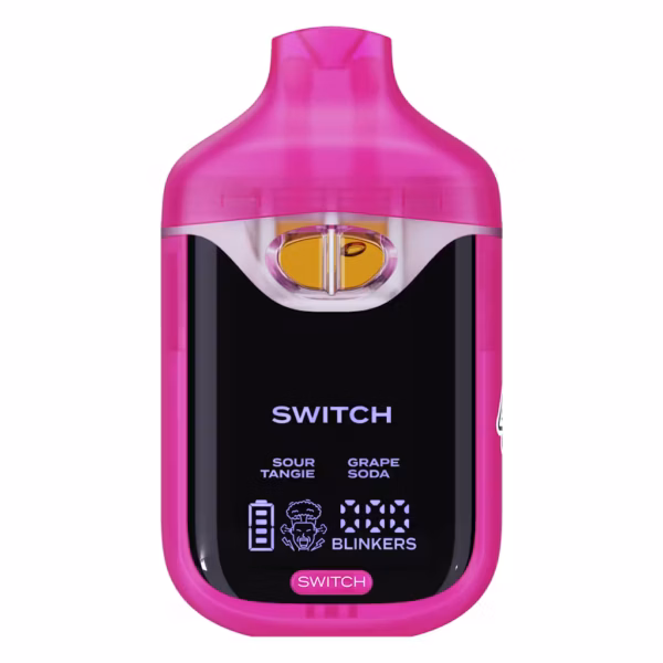 Boutiq Switch V4 2G dual-chamber vape pen displaying Sour Tangie and Grape Soda cannabis oil, with digital screen and 'SWITCH' button, on a clean white background.