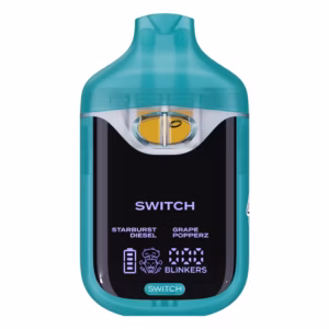 Boutiq Switch V4 2G dual-chamber vape pen displaying Starburst Diesel and Grape Popperz cannabis oil, with digital screen and 'SWITCH' button, on a clean white background.