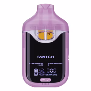 Boutiq Switch V4 2G dual-chamber vape pen displaying Strawberry Haze and Watermelon-Z cannabis oil, with digital screen and 'SWITCH' button, on a clean white background.
