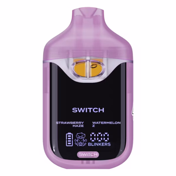 Boutiq Switch V4 2G dual-chamber vape pen displaying Strawberry Haze and Watermelon-Z cannabis oil, with digital screen and 'SWITCH' button, on a clean white background.