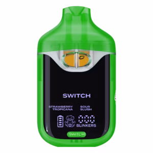 Boutiq Switch V4 2G dual-chamber vape pen displaying Strawberry Tropicana and Sour Slush cannabis oil, with digital screen and 'SWITCH' button, on a clean white background.