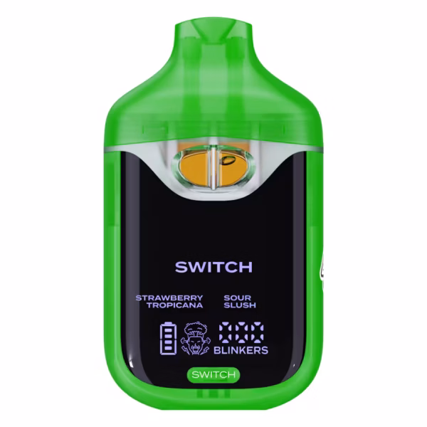 Boutiq Switch V4 2G dual-chamber vape pen displaying Strawberry Tropicana and Sour Slush cannabis oil, with digital screen and 'SWITCH' button, on a clean white background.