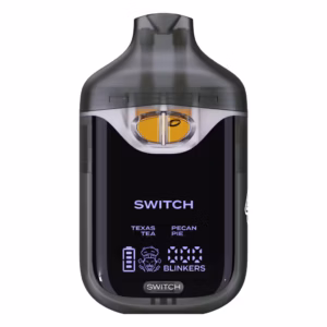 Boutiq Switch V4 2G dual-chamber vape pen displaying Texas Tea and Pecan Pie cannabis oil, with digital screen and 'SWITCH' button, on a clean white background.