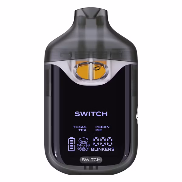 Boutiq Switch V4 2G dual-chamber vape pen displaying Texas Tea and Pecan Pie cannabis oil, with digital screen and 'SWITCH' button, on a clean white background.