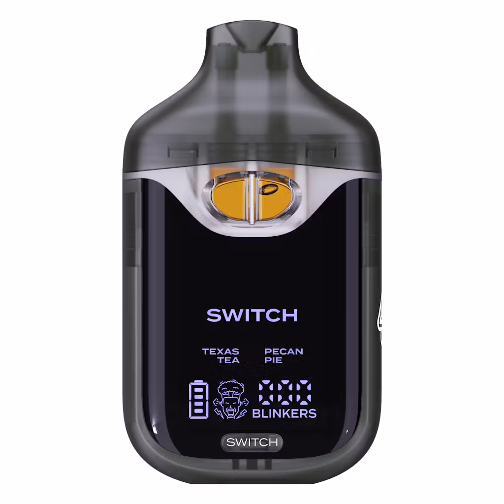Boutiq Switch V4 2G dual-chamber vape pen displaying Texas Tea and Pecan Pie cannabis oil, with digital screen and 'SWITCH' button, on a clean white background.