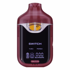 Boutiq Switch V4 2G dual-chamber vape pen displaying Yuzu and Ponzu cannabis oil, with digital screen and 'SWITCH' button, on a clean white background.