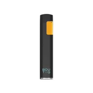Boutiq Switch Disposable Vape, a sleek device with a transparent chamber displaying golden cannabis oil, featuring the 'BOUTIQ' label, presented on a clean white background.